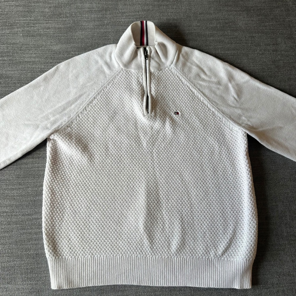 Tommy Hilfiger Quarter Zip Sweater Mens M White Waffle Knit Cotton